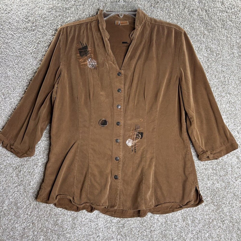 Tianello 3/4 Sleeve Tencel Shirt Button Up Abstract Women's Size Medium‎ Brown